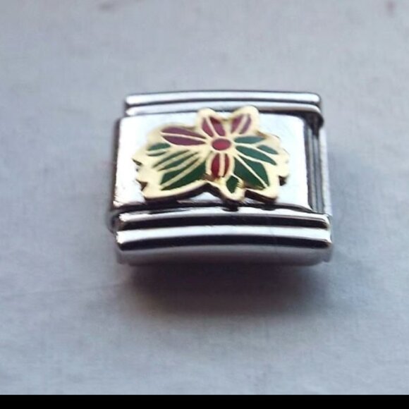 Enamel Poinsettia flower 9mm stainless steel italian charm bracelet link new - Picture 1 of 2
